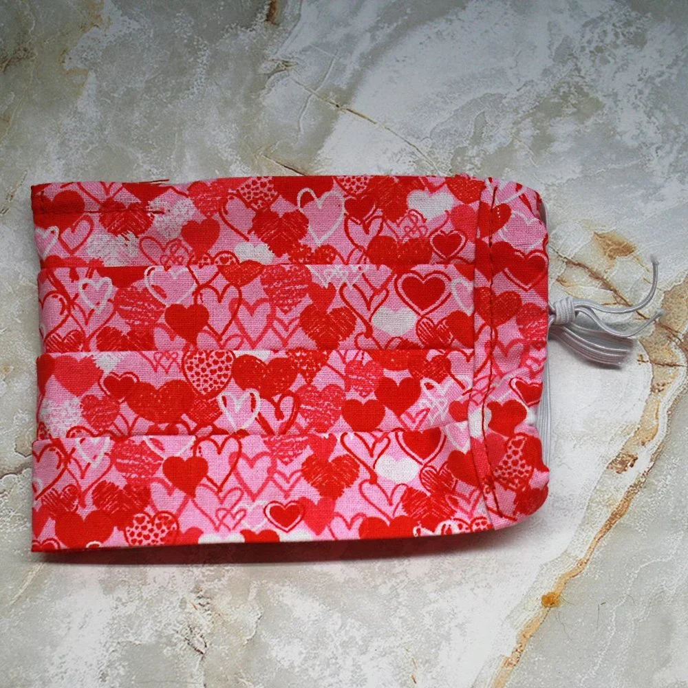 HAND CRAFTED Face Mask Hearts Pink Adult Cloth Fabric Print - Pocket Style